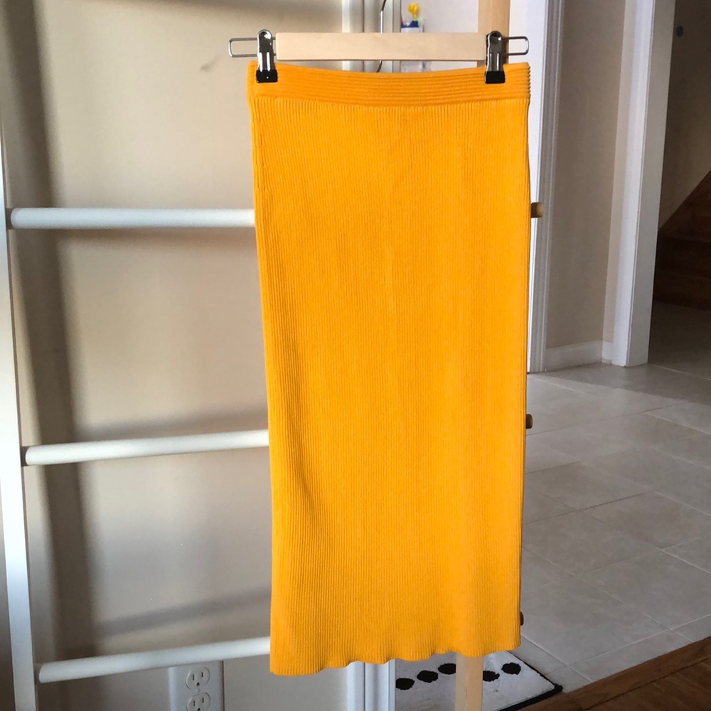 Michael Kors Yellow Ribbed Knit Midi Skirt Viscose Stretch Bodycon XS